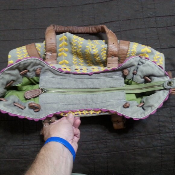 Lucky Penny Anthropologie Purse Handbag Tote Hobo Boho Bohemian Yellow Gray - Picture 3 of 16